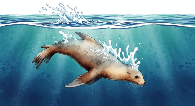 Illustration d'un lion de mer nageant sous la surface de l'eau avec des &eacute;claboussures.