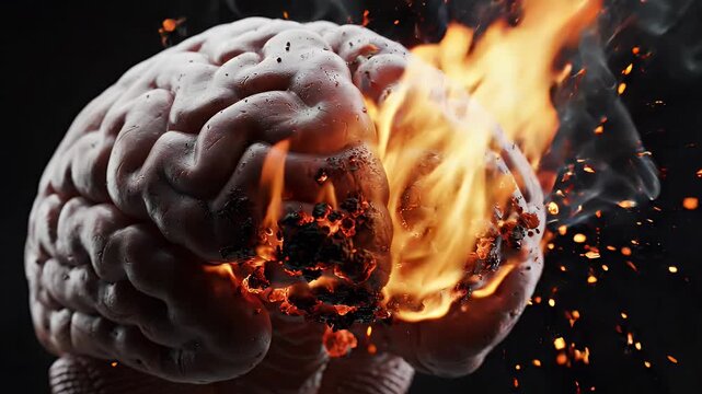 Burning Human Brain Representing Burnout and Intense Mental Pressure - A close-up shot of a human brain engulfed in flames and smoke, symbolizing burnout, mental exhaustion, and extreme stress.