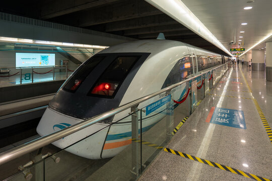 Shanghai, China - Aug 20, 2023: A maglev train at the Pudong International Airport Maglev Station. The Shanghai Maglev is the world's fastest commercially operating magnetic levitation train.
