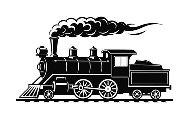 Vintage Steam Locomotive Silhouette Illustration Featuring Classic Railway Engine Design with Puffing Smoke © FITRI