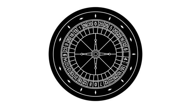 Roulette Wheel Graphic: A stylized illustration of a roulette wheel, featuring numbered pockets and a central spinner, presented in a minimalist black and white design.