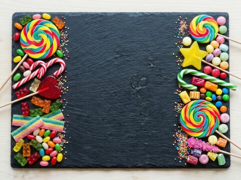 A Festive Array of Colorful Candies and Lollipops Arranged on a Slate Board
