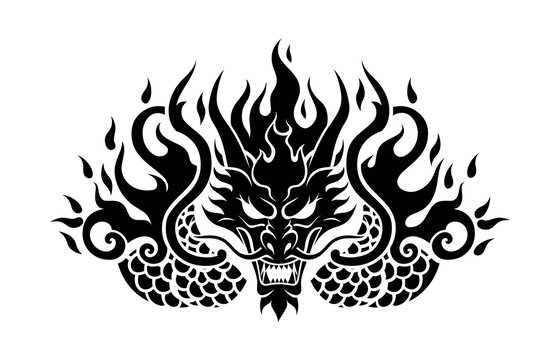 Black and white illustration of a mythical dragon head with flames engulfing its head, symbolizing power and mythology