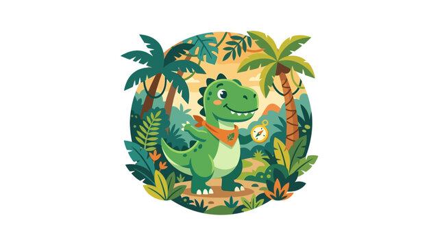 Green dinosaur explorer with backpack in tropical jungle.