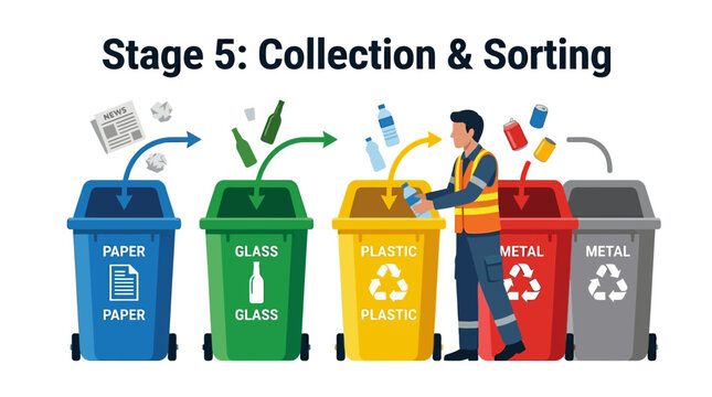 Recycling, collection, sorting process, waste management, eco-friendly, recycling bins, trash cans, vector illustration isolated on White Background EPS