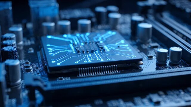 Close-up of Glowing Blue Computer Chip on Motherboard - This close-up shot showcases a central computer chip on a dark motherboard, with intricate blue circuits glowing vibrantly.