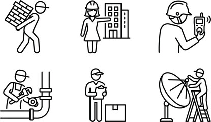 Fototapeta premium Construction and industry icons representing workers in various professions like builders engineers and technicians flat vector design for business and service concepts