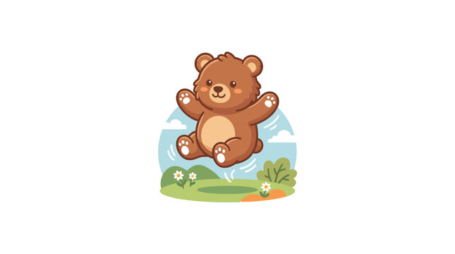 Happy brown teddy bear jumping in a green meadow.