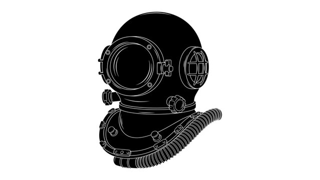 Vintage Diving Helmet Illustration: A detailed black and white illustration of a classic diving helmet, showcasing its retro design and robust construction.