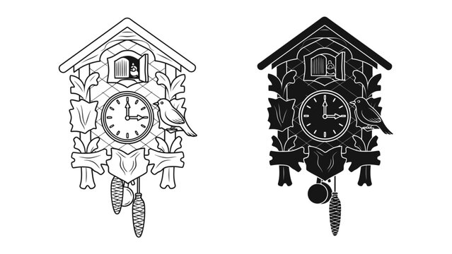 Cuckoo Clock Duo: A pair of intricately designed cuckoo clocks, one in outline and the other in silhouette, showcasing traditional craftsmanship and timeless appeal.