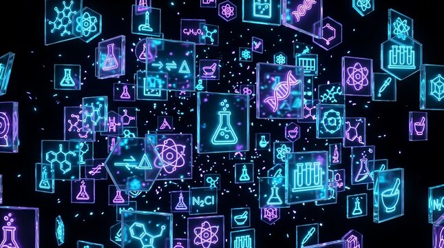 Neon science symbols float on black background lab equipment icons