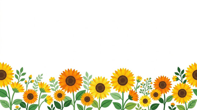 Seamless sunflower border vector illustration with yellow flowers and green leaves on white background banner