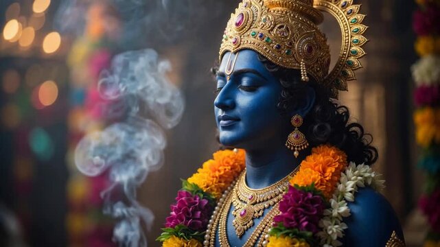 Majestic portrait of Hindu god Lord Krishna with blue skin and golden crown meditating with incense smoke, spiritual religion and worship.
