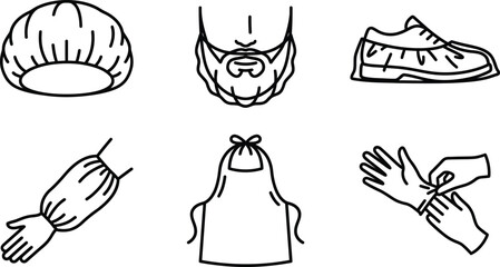Collection of hygiene and safety icons including hair net beard shoe sleeve cover apron and gloves for food industry and medical use simple line art on white background © Muhammad