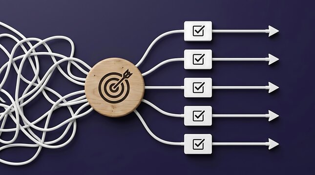 Visualizing Strategic Goals: A Tangle of Ideas Transforming into Achievable Tasks with Checkmarks and Arrows