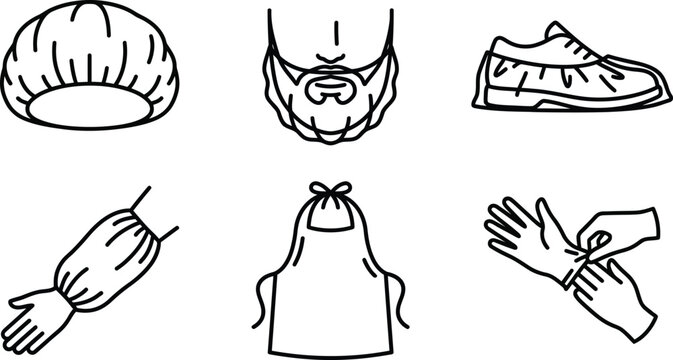 Collection of hygiene and safety icons including hair net beard shoe sleeve cover apron and gloves for food industry and medical use simple line art on white background