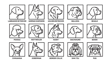Dog Breeds, Vector Icons, 16 Dog Head Silhouettes, Black and White Line Art © Rosie
