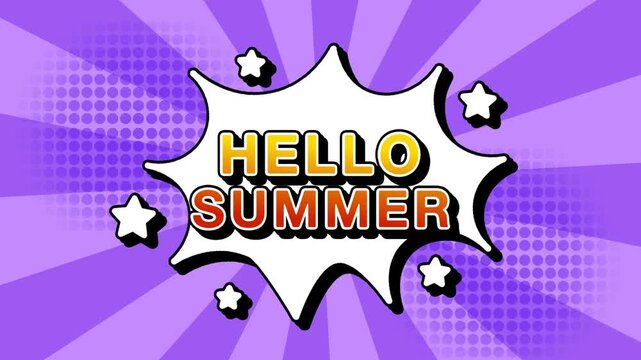 Hello Summer text word lettering popup comic cartoon reveal with bomb and smoke explosion manga anime book page dots with radial speed lines doodle lavender background with seamless loop animation ret