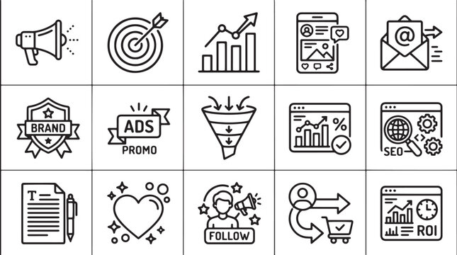 Marketing icons, business symbols, advertising signs, 16 vector graphics