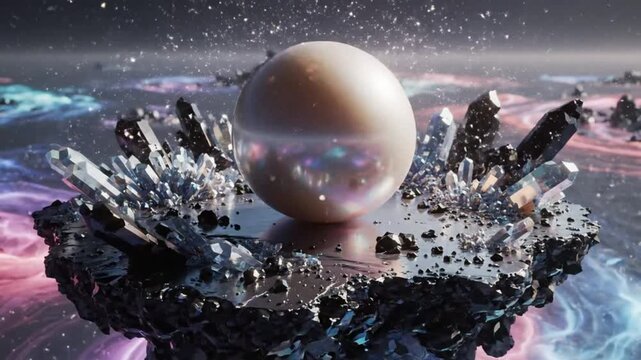 Luminous pearl orb shimmering atop cosmic island with crystalline structures, ethereal galaxies and stardust