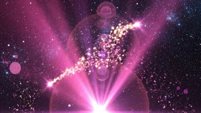 Abstract cosmic light show with vibrant pink rays and sparkling particles flowing across the starry galaxy background