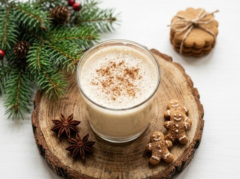 Festive Egg Nog Drink Topped with Cinnamon Next to Gingerbread Cookies and Evergreen Branches