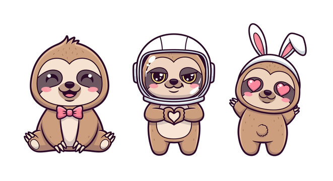 Cute Sloth Characters in Costumes and Outfits.