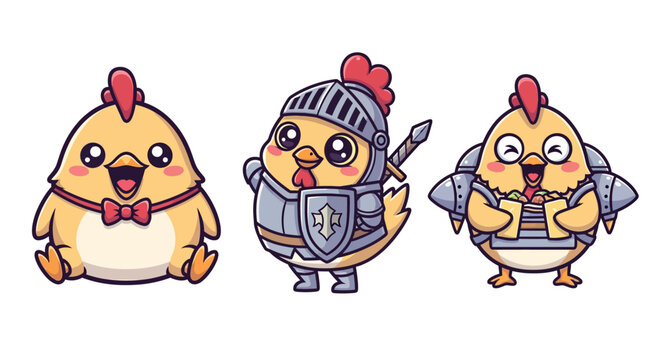 Cartoon Chickens in Medieval Knight and Pirate Costumes.