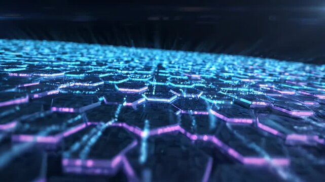 Futuristic Hexagon Grid Animation With Glowing Edges - A dynamic digital animation featuring a hexagonal grid with glowing purple and blue edges.