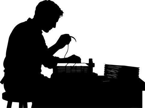 Silhouette of a Craftsman Bookbinder Working at a Workbench with Specialized Tools and Paper Piles
