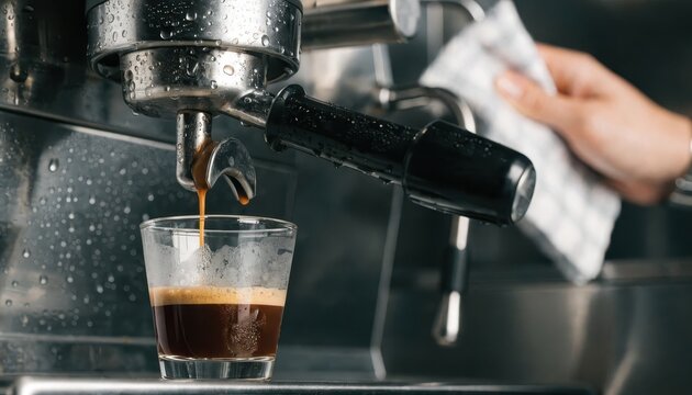 Espresso beverage dispensing from an industrial hine into a clear glass cup