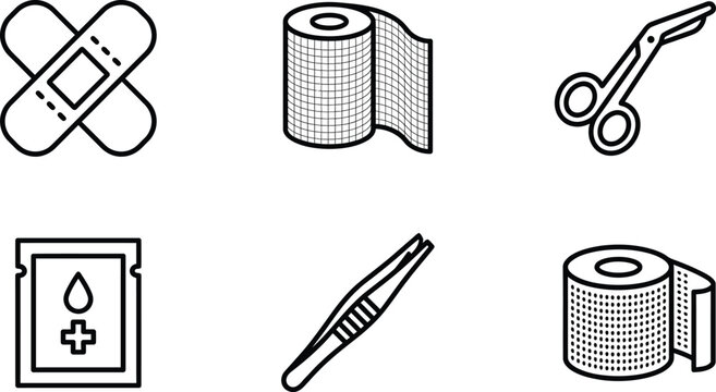 Set of medical first aid icons simple line art symbols for healthcare and emergency services isolated on white background