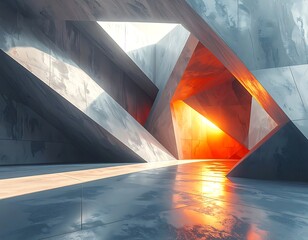 Fototapeta premium A futuristic interior with geometric shapes and vibrant orange light
