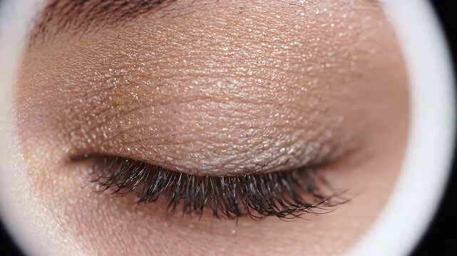Extreme Close Up Of A Human Eye With Glitter Eyeshadow - This extreme close-up shot captures the delicate details of a human eye, showcasing the texture of the skin and the fine lashes.