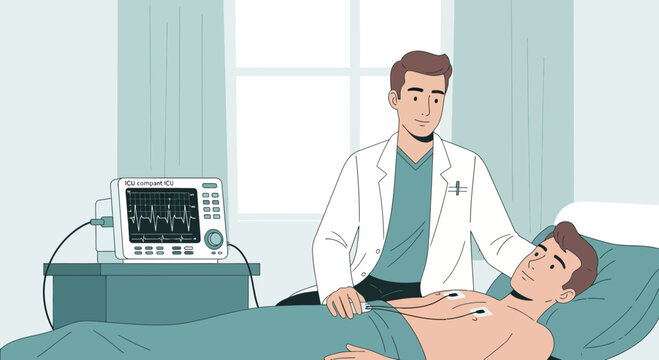 Doctor monitors patient's heart rhythm with ECG machine in hospital room