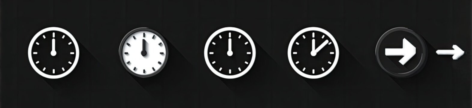 Four minimalist clocks with different times and forward arrow icons on black