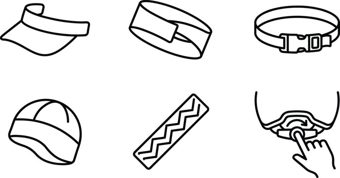 Collection of simple line art icons for headwear and accessories representing caps visors and adjustable straps for sports and outdoor activities isolated on white