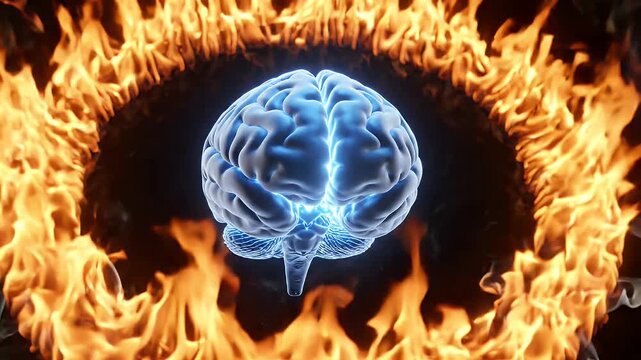 Glowing Brain in Fiery Ring - A glowing, electric blue human brain is depicted in the center, surrounded by a circular inferno of bright orange flames.