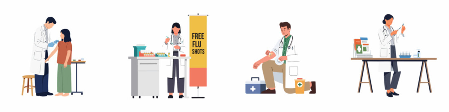 Set of flat vector illustrations depicting doctors and medical staff administering vaccinations and flu shots to patients in various healthcare scenarios.