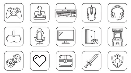 Gaming, technology, and media icons set, 16 black line style symbols © Rosie