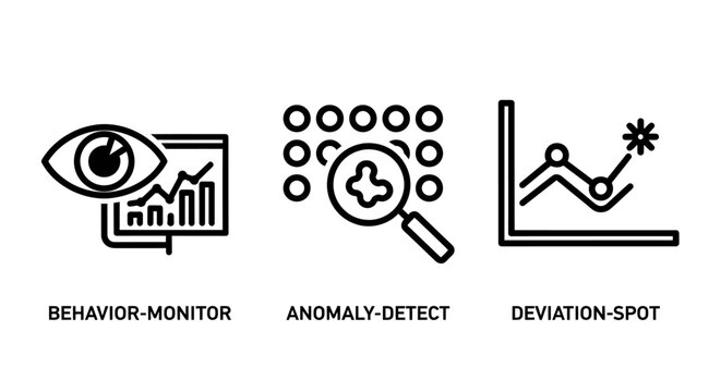 Set of three linear icons representing data monitoring anomaly detection deviation spotting for business intelligence and analytics monitoring detection deviation analytics business