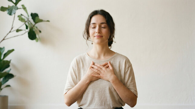 Woman practicing deep breathing indoors
