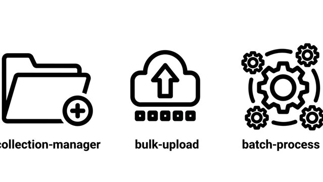 Set of digital workflow icons for collection management bulk file upload automated batch processing systems collection management processing automation workflow transfer organization