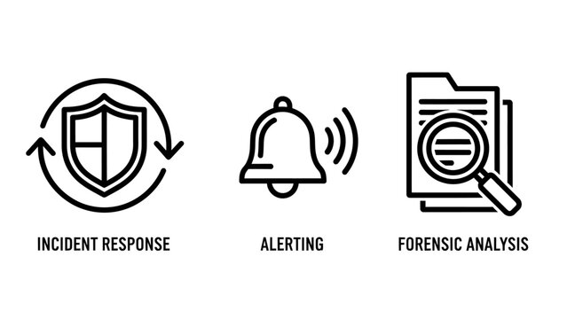 Cybersecurity incident response and digital forensics analysis icons with alerting system notification cybersecurity incident response forensics analysis security protection investigation