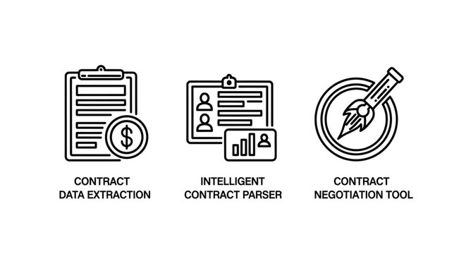 Set of smart contract extraction and negotiation outline icons with contract negotiation extraction business document agreement intelligent automation technology software analysis corporate