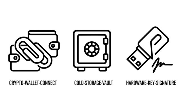 Set of cryptocurrency wallet and hardware security outline icons with hardware security signature blockchain technology protection transaction authentication cybersecurity investment