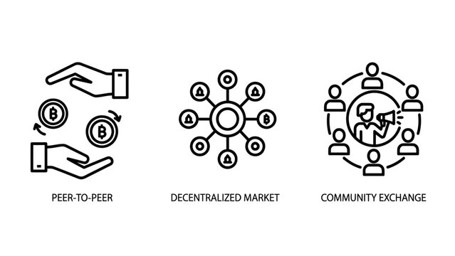 Peer to peer decentralized market and community exchange finance icons decentralized community exchange cryptocurrency business transaction collaboration platform investment blockchain