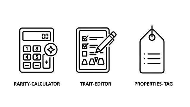 Nft rarity calculator trait editor properties tag line art icons set with calculator properties metadata collection graphics interface analysis management customization business blockchain
