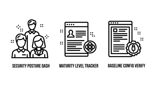 Security posture dashboard maturity level tracker baseline configuration verify line icons with security dashboard maturity baseline configuration compliance cybersecurity management business
