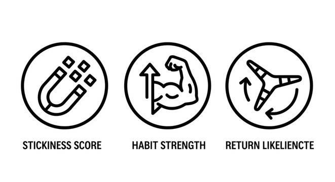 Business analytics icon set featuring stickiness score habit strength return likelihood symbols in thin line style stickiness strength likelihood analytics business marketing boomerang